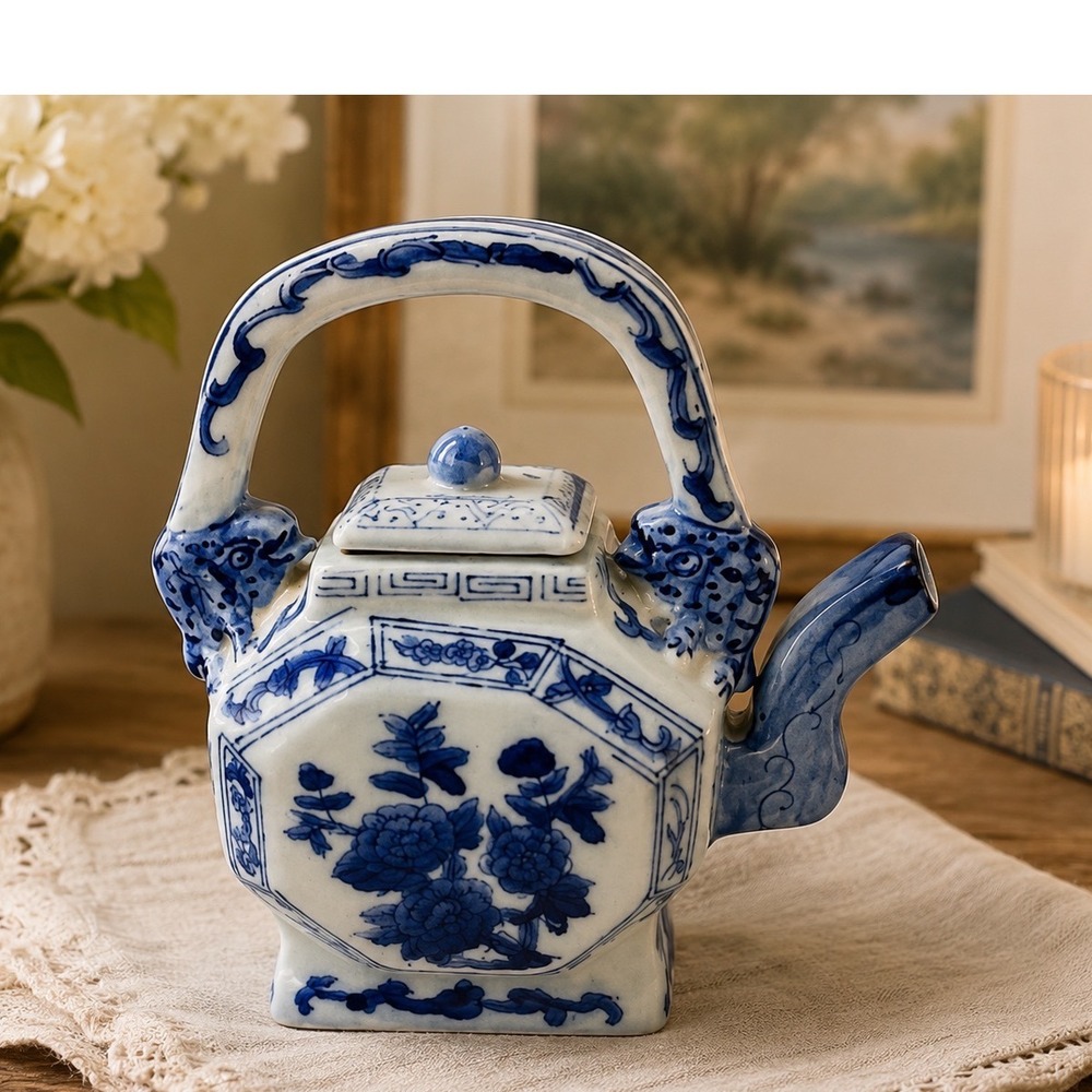 Blue & White Porcelain Hexagonal Teapot Floral Chinoiserie Design w/ Lid